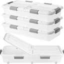 4 PCS*49 Qt Wheeled Latching Under Bed Storage, Double Opening Lids Stackable Bin with Latch Lid, Plastic Container to Organize Shoes Underbed, Clear with White Lid(White)