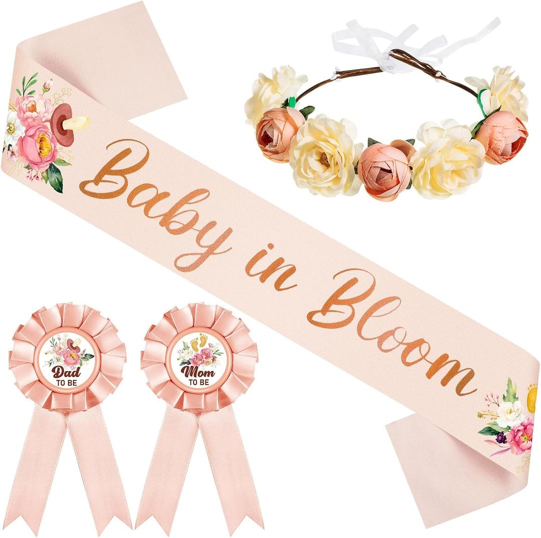 Ceenna Baby in Bloom Baby Shower Decorations Mom to Be Sash and Dad to Be Pin Flower Crown Mommy Sash Set for Gender Reveals Shower Party Favors Pregnancy Dress Gift