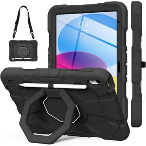 Kenke Case for iPad 11/10th Gen 2024 M4/2022, Heavy Duty Military Grade Shockproof Rugged Full Body Protective 11/10.9 Inch Cover with 360 Rotating Kickstand & Pencil Holde (Black)