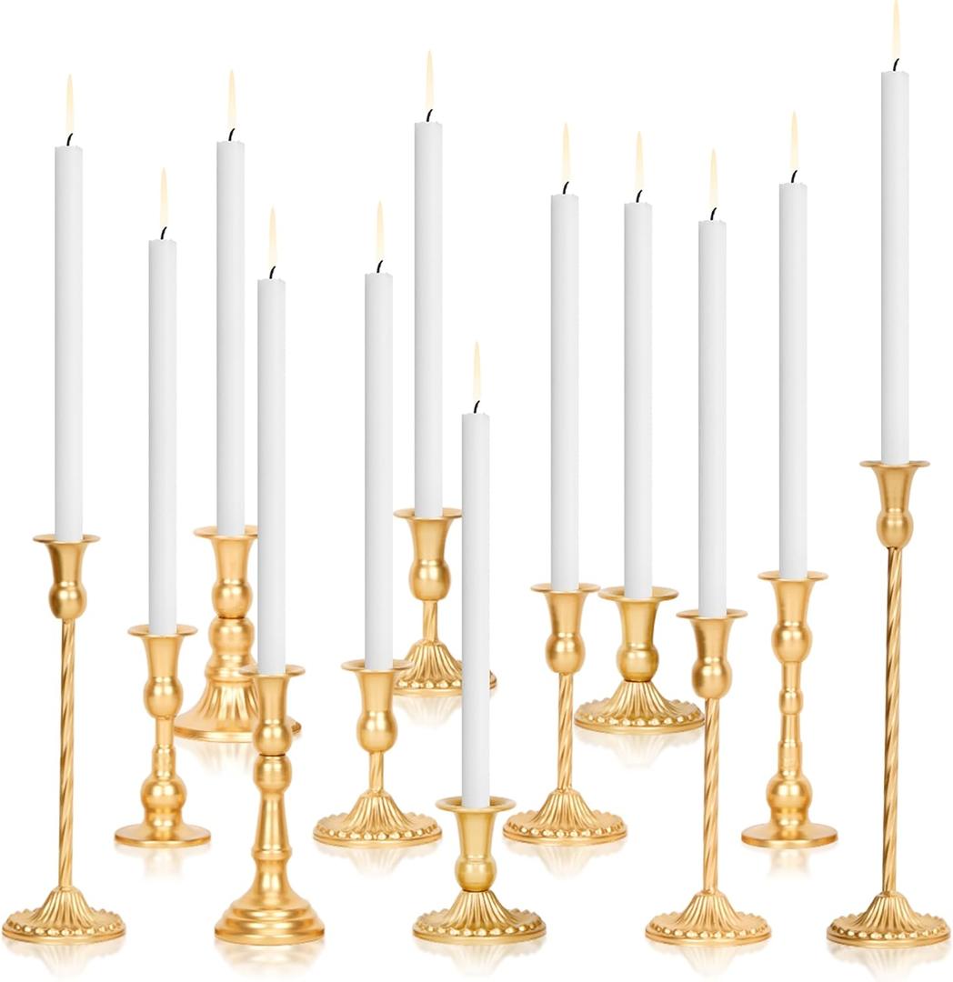 Gold Candlestick Holder Bulk Set of 12, Vintage Taper Candle Sticks Holder, Tall Mismatch Antique Brass Candle Holders for Table Centerpiece, Wedding, Birthday Party, Anniversary Decor