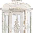 JHY DESIGN Decorative Candle lantern-10inch High Vintage Style Hanging Lantern Metal Candleholder for Indoor Outdoor Events Parities and Weddings (White with Gold Brush)