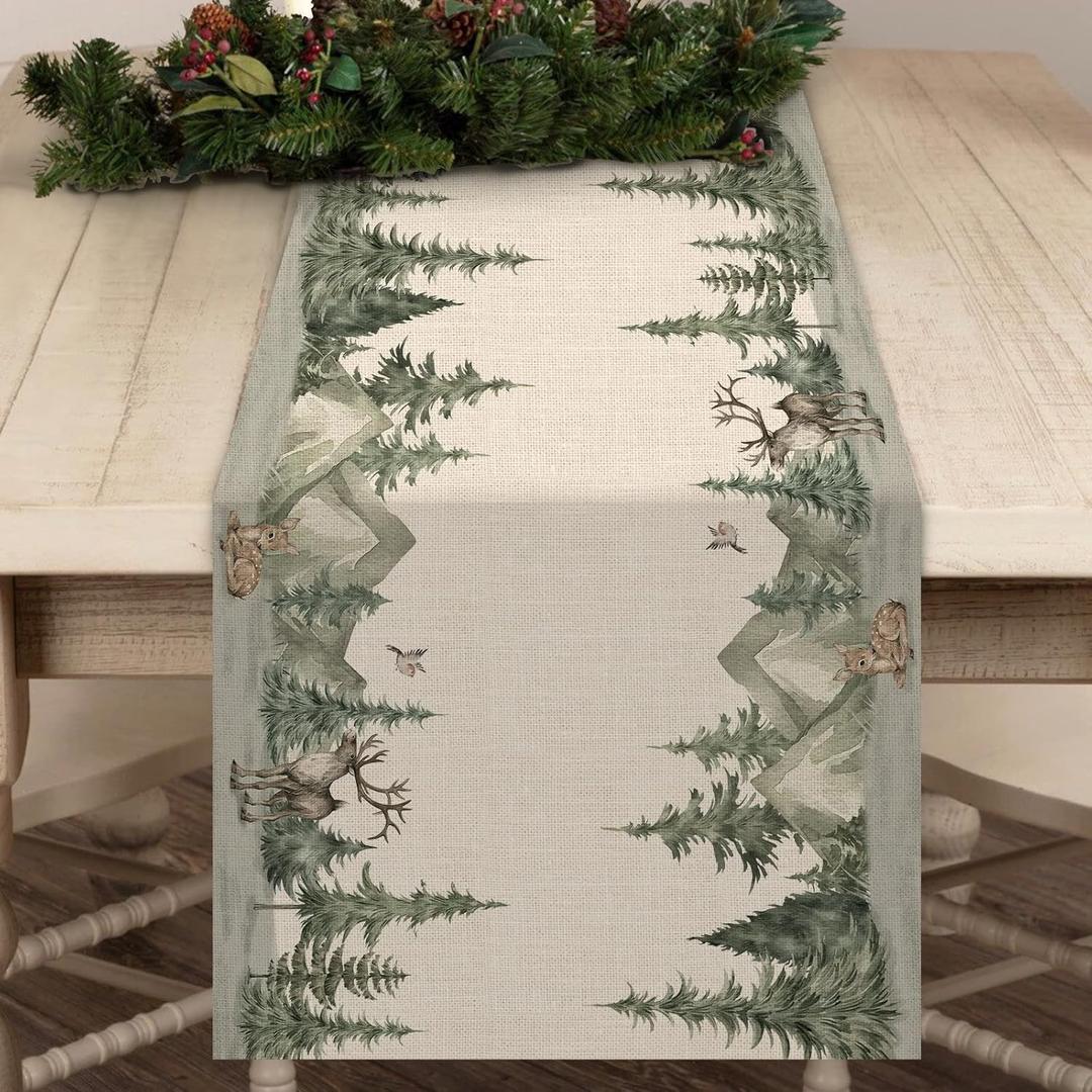 Seliem Winter Forest Reindeer Pine Tree Table Runner, Christmas Elk Watercolor Sparrow Home Kitchen Decor, Woodland Xmas Seasonal Farmhouse Burlap Dining Decoration Holiday Party Supply 13 x 72