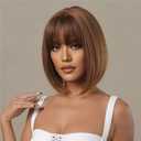 Short Straight Bob Wigs Human Hair with Bangs, Real Hair Wigs for Women, Ombre Brown Shell Ends Design, Lightweight, Natural Look, Heat Resistant (Brown,12inch)
