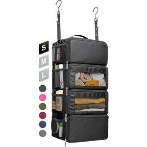 Suitcase Organizer, Travel Luggage Organizer Hanging Shelves Packing Cube Closet/Collapsible Portable Travel Organizer for Carry-on (Small, Black-S-4 Tier)