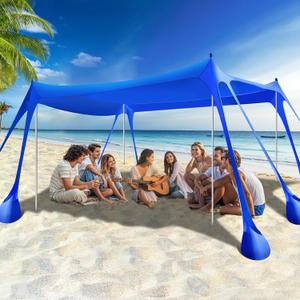 Rhino Valley Beach Tent, Beach Shade UPF50+ Protection, Beach Canopy with 8 Sandbags 4 Stability Poles, Outdoor Beach Tent Sun Shelter Umbrella for Sand, Camping, Fishing Essentials
