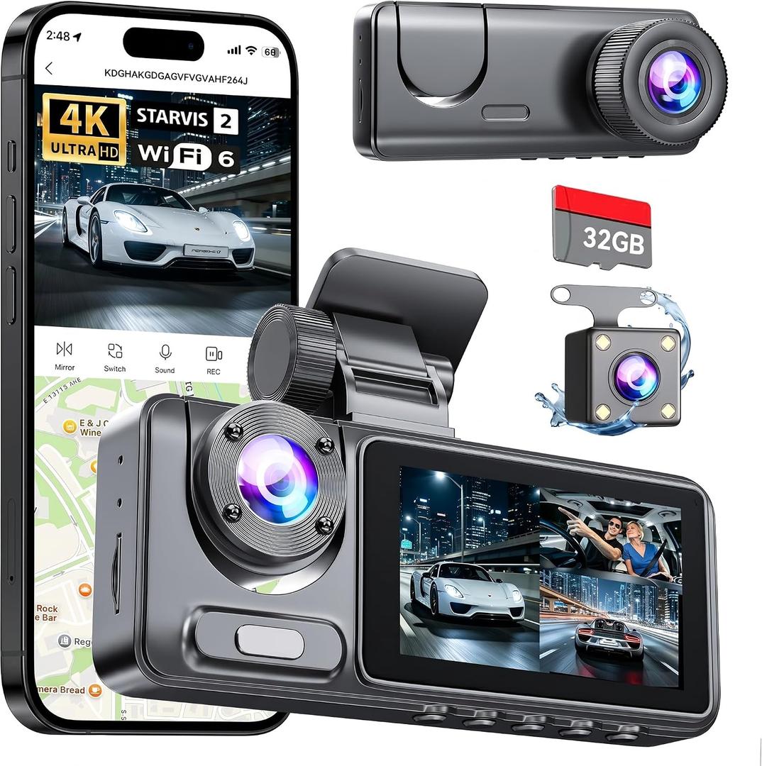 Dash Cam Front Rear with 3 Channel, 4K Full UHD Car Camera, 5GHz WiFi & App Control, Free 32GB Card Included, Dash Camera for Cars with IR Night Vision, 24 Parking Mode, Loop Recording, G-Sensor