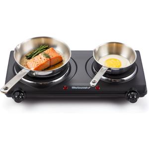 Elite Gourmet EDB302BF Countertop Double Cast Iron Burner, 1500 Watts Electric Hot Plate, Temperature Controls, Power Indicator Lights, Easy to Clean, Black