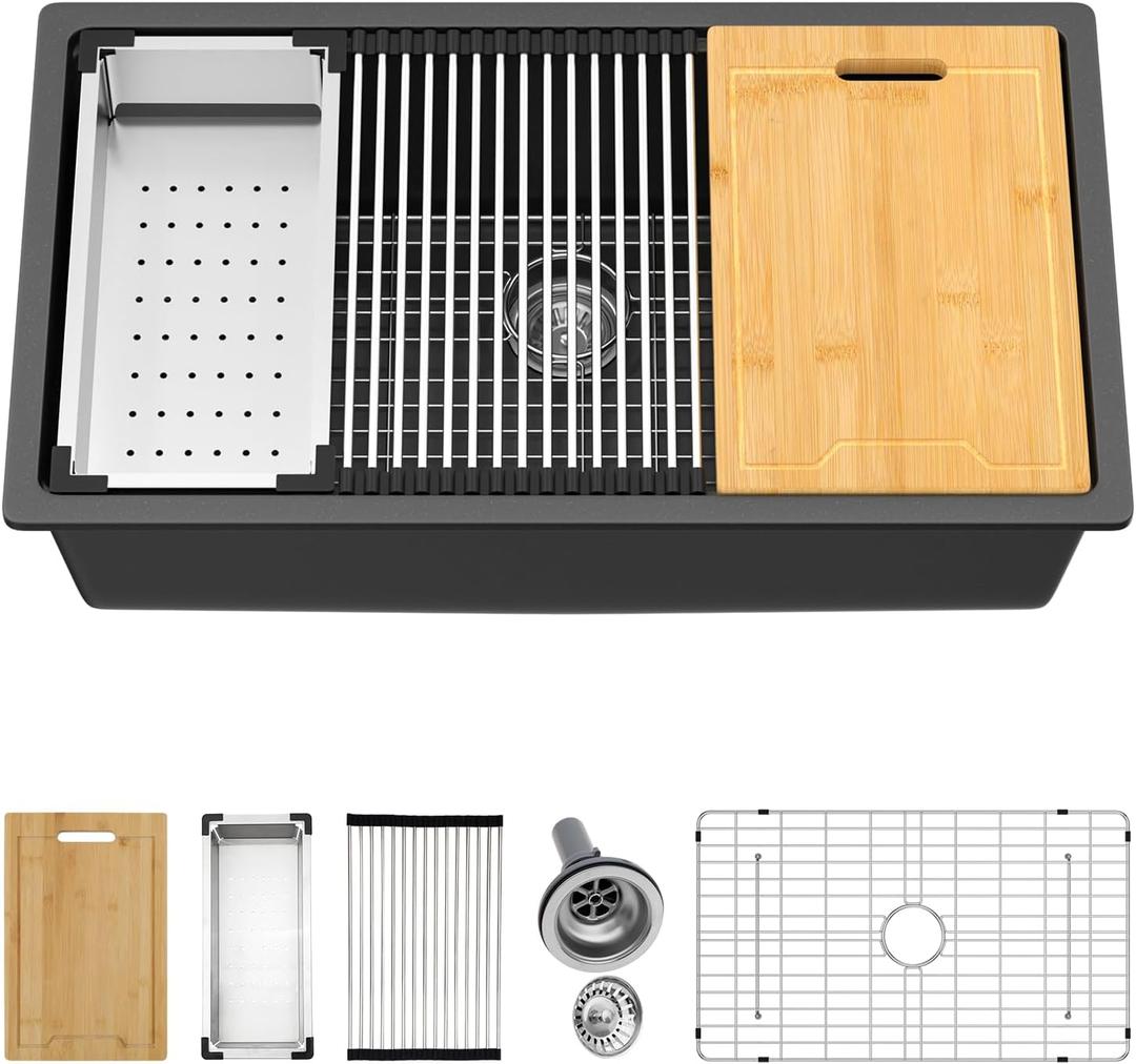 Kichae 32 inch Granite Composite Undermount Kitchen Sink - 32 x 19 Single Bowl Kitchen Sink Matte Black Quartz Workstation Kitchen Sink