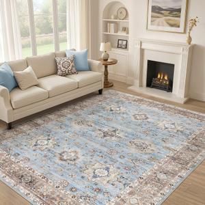 Area Rugs for Living Room: 10x14 Washable Rug Vintage Pattern Large Non-Slip Stain Resistant Soft Durable Floor Carpet for Bedroom, Dining Room, Home Office - Brown Blue