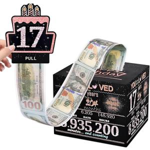 3 x Money Gift Box, 17th Birthday Decorations For Girls, Birthday Gifts For 17 Year Old Girl With 100Pcs Transparent Bags - Black & Rose Gold