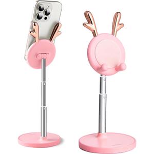 OATSBASF Cute Cell Phone Stand, Adjustable Deer Ears Phone Stand for Desk, Phone Holder Stand Thick Case Friendly Holder Compatible with Phone, Kindle, iPad, Switch, (Pink)