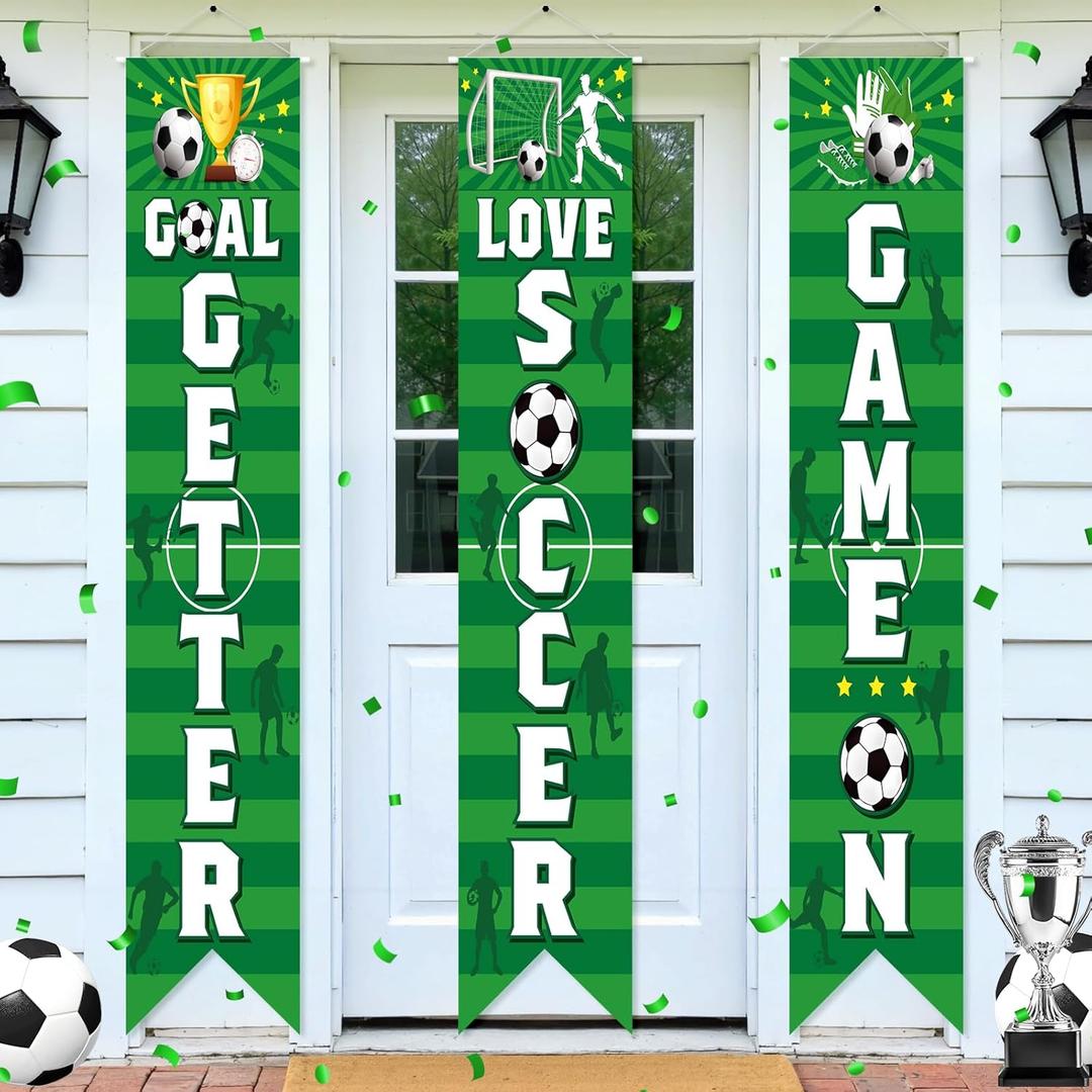 3PCS Soccer Porch Sign Banners,Soccer Sports Party Decorations Welcome Hanging Soccer Door Banner for Wall Yard Birthday Game Time Day Festival Party Supplies Decor School Home Indoor Outdoor