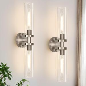 Wall Sconces Set of Two, Hardwired Brushed Nickel Bathroom Sconces Wall Lighting with Clear Glass, Modern Sconces Wall Decor Set of 2 Bathroom Light Fixtures for Mirror Hallway (Bulbs Not Included)