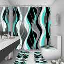 4Pcs Turquoise Shower Curtain Sets with Non-Slip Rugs, Toilet Lid Cover and Bath Mat, Black and Gray Bathroom Decor Set Accessories Fabric Waterproof Shower Curtains with 12 Hooks, 72 x 72 Inch