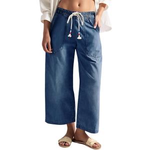 Cicy Bell Women's Wide Leg Jeans Casual Drawstring High Wasit Boyfriend Loose Baggy Capri Denim Pants with Pockets (Blue)