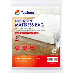 TopSoon 2PK Mattress Bag  Clear Plastic Mattress Disposal Bag  Moving & Storage Cover for Mattress or Box Spring  Heavy-Duty Mattress Moving Supplies (1.5mil,Queen 60" x 14" x 100")