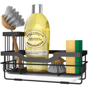 Sponge Holder for Kitchen Caddy Sink Organizer, Multifunctional Rustproof Dish Soap Sponge Caddy for Sink Counter with Detachable Brush Holder & Drain Tray - Storage Kitchen & Home Accessories, Black
