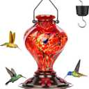 Hummingbird Feeder, BOLITE Glass Hummingbird Feeders for Outdoors Hanging, Hand Blown Twisted with Ant Moat and Five Feeding Ports, 24 Ounces, Leak Proof, Red, Gifts for Women Men, Gifts for Mom Dad