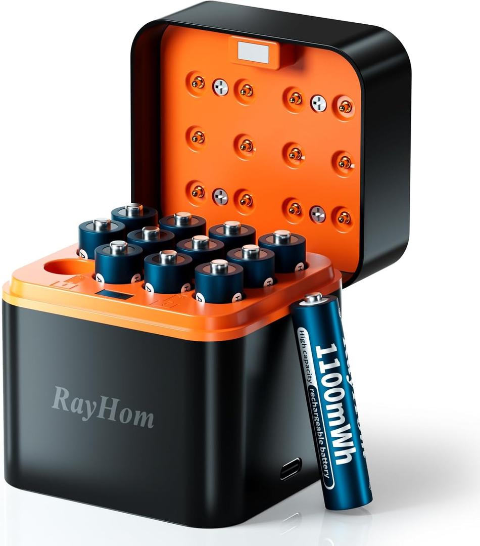 12-Pack Rechargeable Lithium AAA Batteries with Charger, 1.5V Constant Output, 1100mWh High Capacity, 12-Slot Triple AAA Li-ion Charger with Smart Charging, Multiple Charging Protections