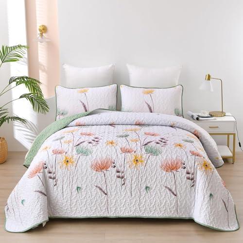 Dinjoy Floral Quilt Set Queen Size,Sage Green Bedspread Botanical 3 Pieces Fall Quilts Microfiber Lightweight Bedspreads White Soft Reversible Bed Cover Sets for All Season(96"x90")