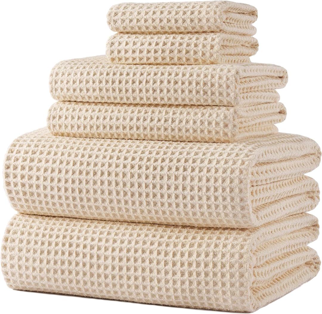 POLYTE 430 GSM Microfiber Quick Dry Lint Free Oversize Bath Towel Set, 6 Piece (Waffle Weave) (Light Beige)