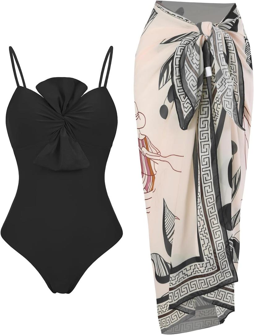 Womens One Piece Swimsuit with Cover Up Sarong Wrap Floral Bathing Suits 1 Piece Swim Suit with Beach Cover Up Set (Small, F Black Knot)