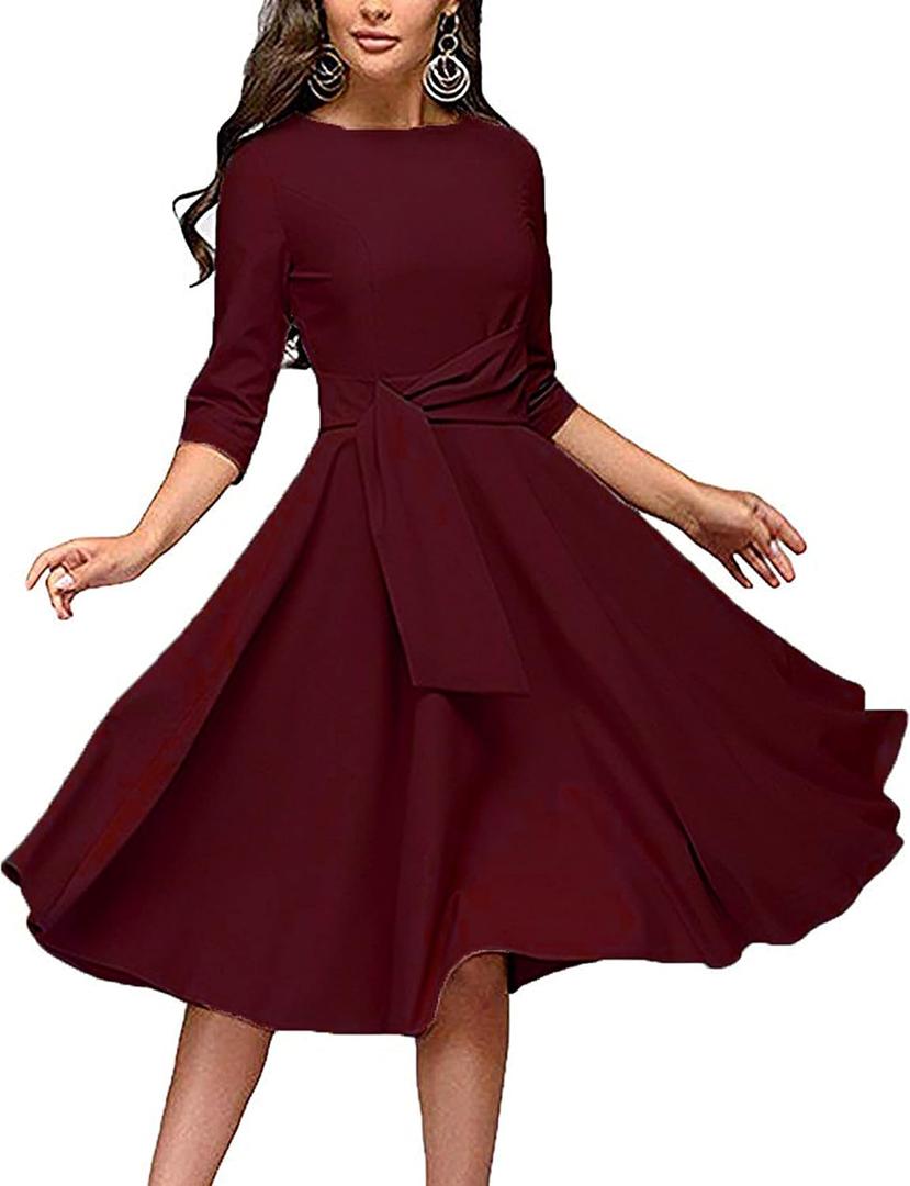 FENJAR Women's Elegance Audrey Hepburn Style Ruched Dress Round Neck 3/4 Sleeve Sleeveless Swing Midi A-line Dresses with Pockets, Calret, Large