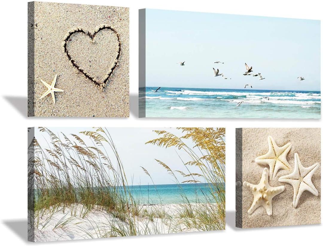 Coastal Wall Art Seascape Artwork: Sea Grass and Starfish on Beach Canvas Painting for Living Room (12 x 12'' x 2 Panels + 24 x 12 x 2 Panels)