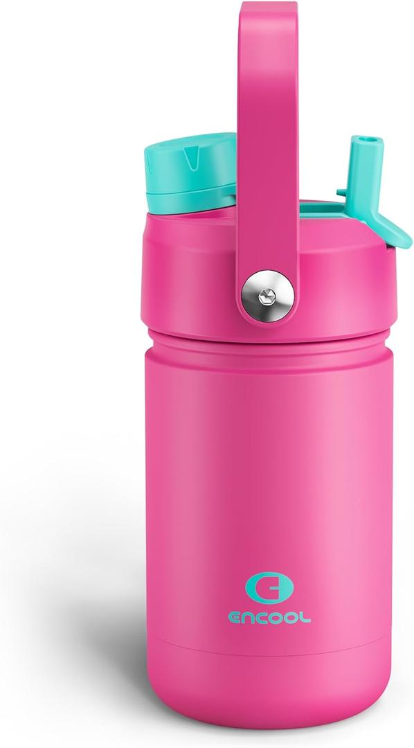 ENCOOL Kids Insulated Water Bottle with Straw - 12oz Stainless Steel Water Bottle with Dual Spouts, Leak-Proof, BPA-Free, Double Wall Vacuum Keeps Cold for 24 Hours for Sports, Travel (Light Crimson)