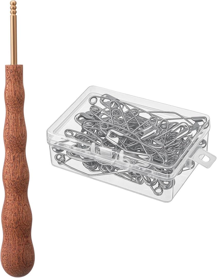 Threlaco Pin Basting Tool Set with 1 Pcs Pin Basting Tool and 100 Pcs 2 Inch Curved Quilting Pins Bent Sewing Safety Pins Handcrafted Sewing Tools for Quilting Knitting Crafting