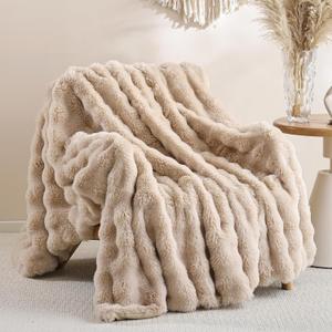 Smoofy Faux Fur Throw Blanket for Couch  Linen Fluffy Cozy Rabbit Fleece, Plush Soft Bubble Blanket for Sofa & Bed, for Mom, Warm Fuzzy Home Room Decor Throw 50" x 60"