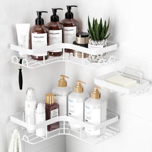 Sakugi Corner Shower Caddy - 3-Pack Shower Organizer with Soap Holder & Built-In Hooks, Rustproof Metal Shower Shelves, Laundry, Kitchen, Bathroom Organizers and Storage Solution, Large, White
