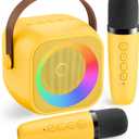 Mini Karaoke Machine for Kids Adults：Portable Bluetooth Karaoke Speaker with 2 Wireless Microphones and Lights for Home Party, Christmas Birthday Gifts for 412+ Years Old Girls Boys(Yellow)