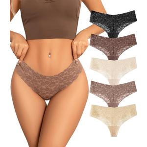 SHARICCA Women Seamless High Waist Underwear Sexy Floral Lace Thong Soft Comfortable Panties Pack (Small, 5p - Basic)