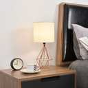 COTULIN Rose Gold Bedside Table Lamp,Modern Small Desk Lamp with TC Fabric Shade Geometric Metal Base for Kids Living Room Bedroom Nightstand