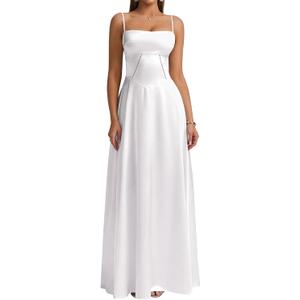KUTUMAI Satin Maxi Dress Spaghetti Strap Lace Up Long Formal Dresses for Women Wedding Guest Cocktail Evening Prom (White, S)