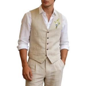 Men's Linen Suits 2 Piece Slim Fit Suit Prom Beach Wedding Groomsman Vest Pants Set Casual Summer Linen Outfit (Beige, XL)