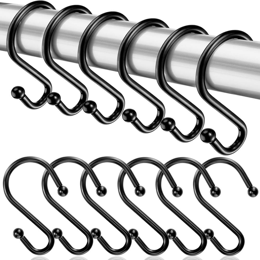 Shower Curtain Hooks, Metal Shower Hooks for Shower Curtain Rod, Rust Proof Metal Shower Curtain Rings, S Hook Set of 12, Black.