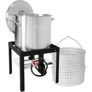 Creole Feast SBK0801 80 Qt Seafood Boiling Kit with Strainer, Outdoor Seafood Boil Pot and Basket with 100,000 BTUs Propane Burner and 10 PSI Regulator, Black & Silver