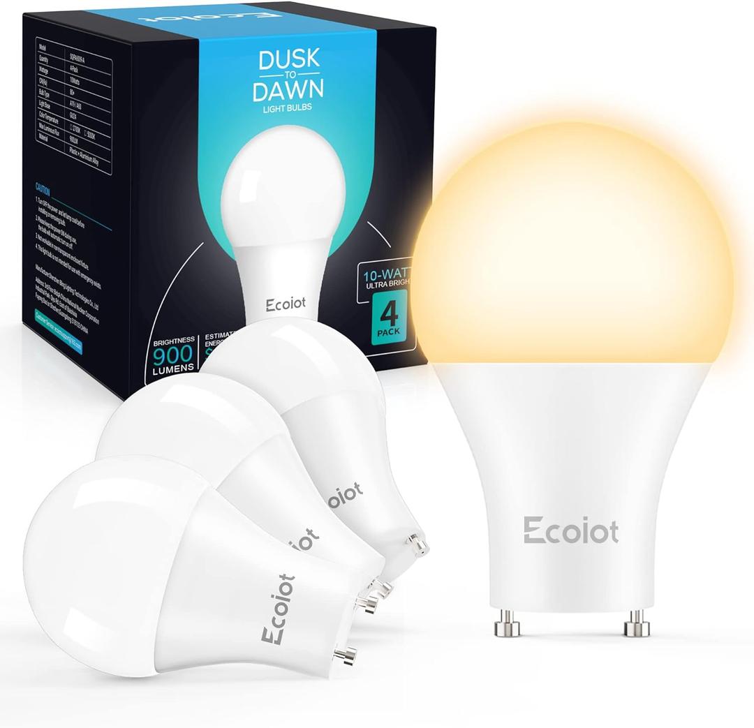 GU24 Dusk to Dawn Outdoor Light Bulbs,Light Sensor A19 LED Bulbs,Photocell Sensor, Automatic On/Off for Indoor/Outdoor Security Lighting,10Watt(90Watt Equivalent),2700K Soft White,4 Pack