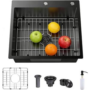 18 x 19 Inch 304 Stainless Steel Drop In Bar Sink,Black Topmount Single Bowl Workstation Kitchen Sink With Protective Bottom Grid For Camper,RV Sink