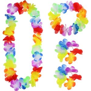 Hawaiian Leis 4Pcs Colorful Tropical Dance Flower Necklace Bracelets Headband for Luau Party Summer Beach Decoration