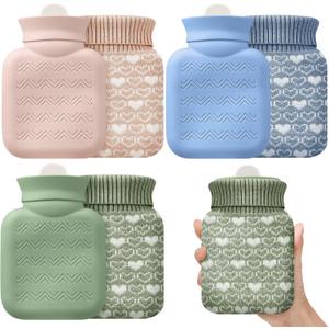 Amylove 3 Pcs Mini Hot Water Bottle for Hot & Cold Compress with Cover 320ml Silicone Microwave Heating Bottles Small Water Bag for Travel Holiday Gift(Beige, Green, Blue,Heart Print)
