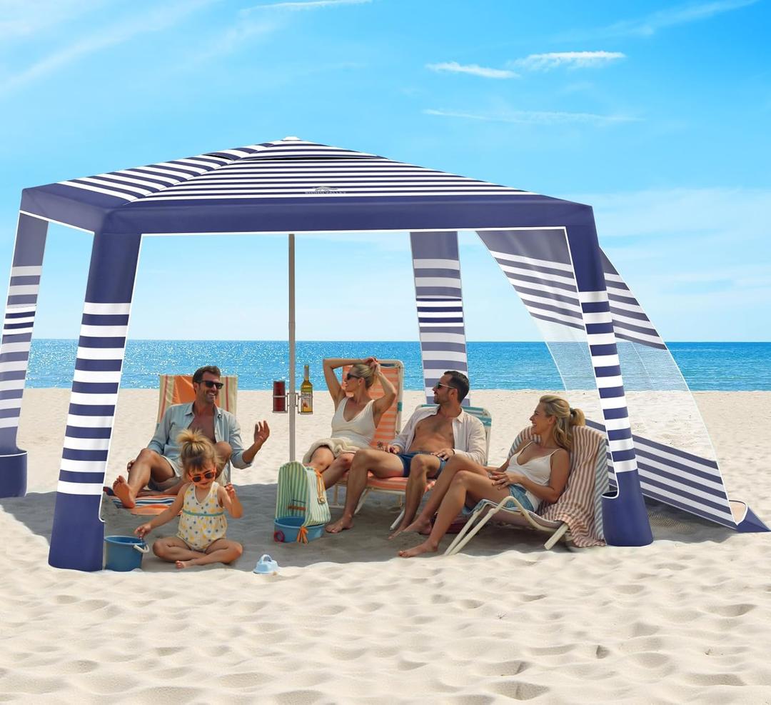 Rhino Valley Beach Cabana, 8  8FT Foldable Beach Tent with Cup Holder, Beach Canopy Easy Setup with UPF50+ Protection, Windproof Stable Beach Tent, Portable Beach Cabana Tent for Beach Camping (Blue & White Stripes)