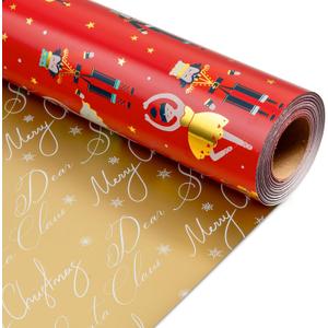 MAYPLUSS Red Christmas Wrapping Paper Roll - 17IN X 33FT - Christmas Nutcracker Gift Wrapping Paper Featuring Ballet Guitar Gold Star Reversible Gold for Kids, Holiday, New Year