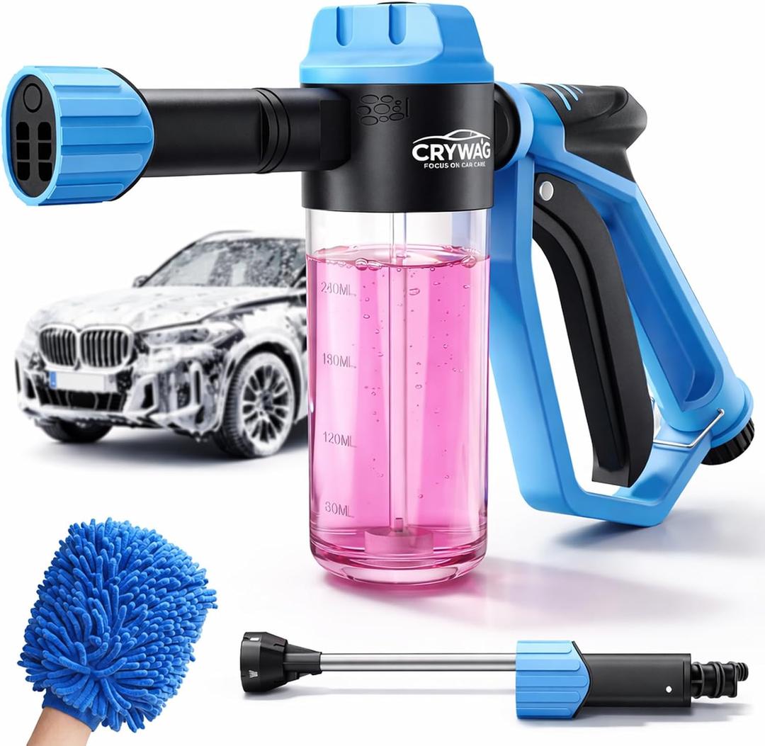 Crywag Car Wash Foam Gun for Garden Hose, Foam Cannon Car Wash Kit with Microfiber Wash Mitt, High Pressure Nozzle & 3 Spray Modes, Hose Foam Blaster for Cars, Trucks, RV, Motorcycle Cleaning  Blue