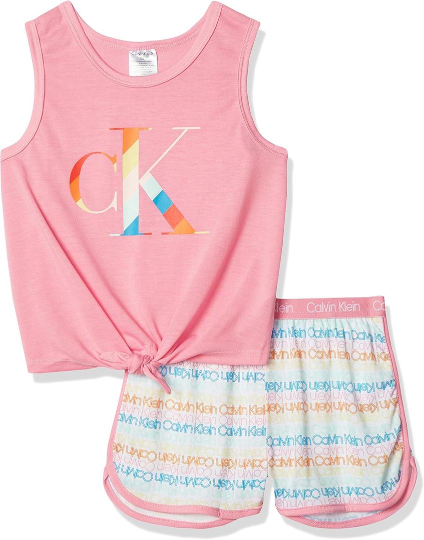 Calvin Klein girls Short Sleeve Top and Shorts Pajama 2-piece Set (Large, Sachet Pink/Rainbow)