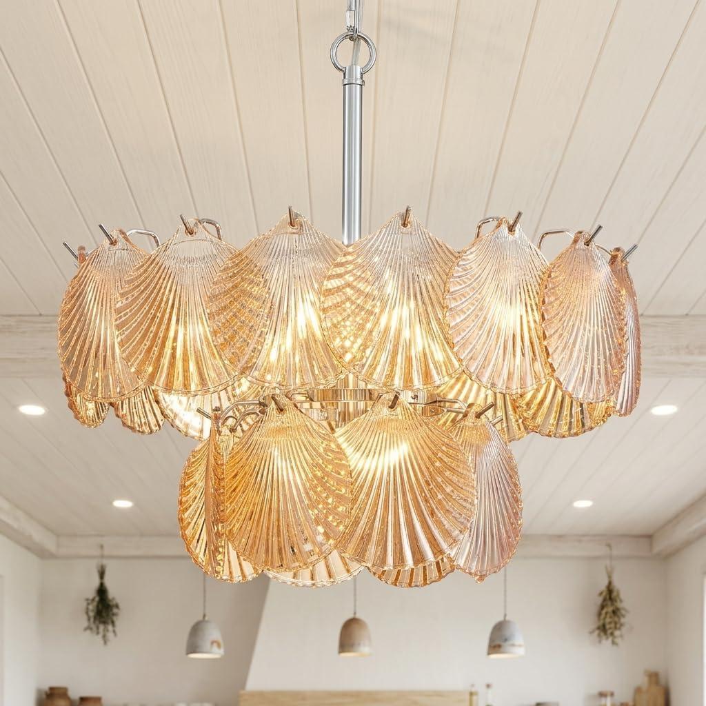 17.7" Modern Boho Chandelier 5-Light Luxury Shell Glass Pendant Light Fixture Amber 2 Layer Adjustable Height Coastal Seashell Hanging Lamp for Dining Rooms Living Room Bedroom Hotel, Medium