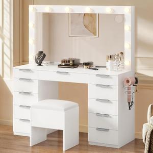 DWVO Vanity Desk Set with Mirror & Power Outlets, Vanity Table with Stool, 12 LED Bulbs, 3 Dimmable Light Colors, 11 Drawers, Hair Dryer Rack & Magnifying Mirror