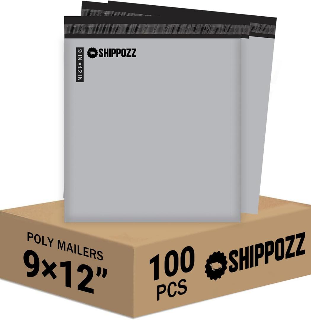 Shippozz 9x12 Poly Mailers 100 Pack, Durable Waterproof Polymailers for Shipping Clothes, Self Seal Mailing Bags for Small Business Packaging Supplies, Mailing Envelopes for Books, and Accessories